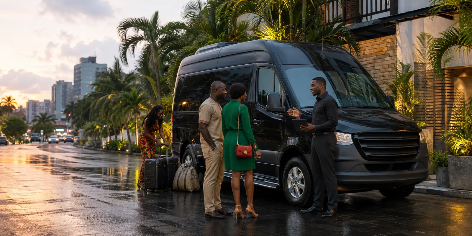 A Cameroonian family preparing a rental journey beside a black passenger van in Douala after rain