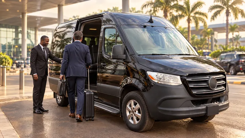 A chauffeur opens the sliding door of a black Mercedes-Benz Sprinter for a traveller at the airport.